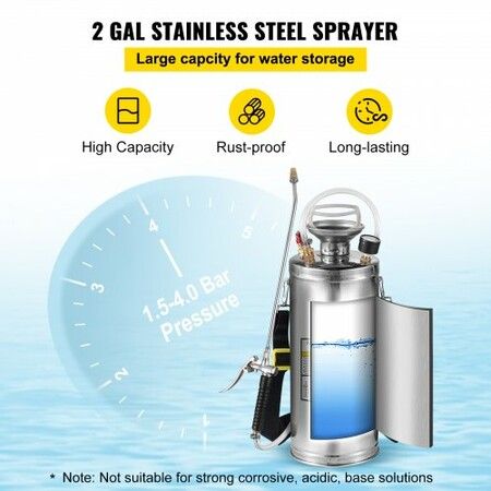 2Gal Stainless Steel Sprayer, Set with 20\" Wand& Handle& 3FT Reinforced Hose, Hand Pump Sprayer with Pressure Gauge&Safety Valve, Adjustable Nozzle Suitable for Gardening and Sanitizing