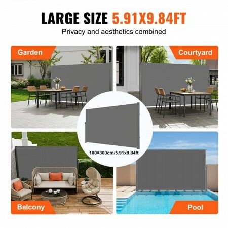 Retractable Side Awning, 180X300cm Aluminum Outdoor Privacy Screen, 280g Polyester Water-proof Retractable Patio Screen, UV 30+ Room Divider Wind Screen for Patio, Backyard, Balcony, Gray