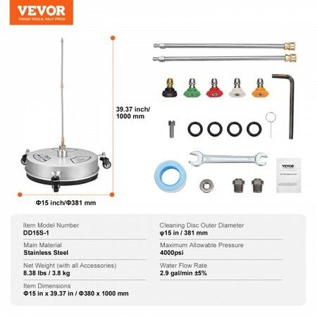 15" Pressure Washer Surface Cleaner w/ Wheels, Stainless Steel Concrete Cleaner 4000 Max PSI , 1/4" Quick-Connect Connector w/ 2 Extension Wand, Heavy Duty Power Washer For Floor Driveway, Patio