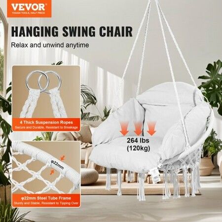 Hammock Swinging Chair Macramé Hanging Chair with Cushion Indoor & Outdoor