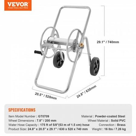 Hose Reel Cart, Hold Up to 53.3m of 15.9mm Hose (Hose Not Included), Garden Water Hose Carts Mobile Tools with Wheels, Heavy Duty Powder-coated Steel Outdoor Planting for Garden, Yard, Lawn