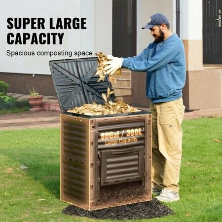 Garden Compost Bin 300 L, BPA Free Composter, Large Capacity Outdoor Composting Bin with Top Lid and Bottom Door, Easy Assembling, Lightweight, Fast Creation of Fertile Soil