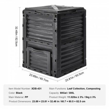 Garden Compost Bin 300 L, BPA Free Composter, Large Capacity Outdoor Composting Bin with Top Lid and Bottom Door, Easy Assembling, Lightweight, Fast Creation of Fertile Soil