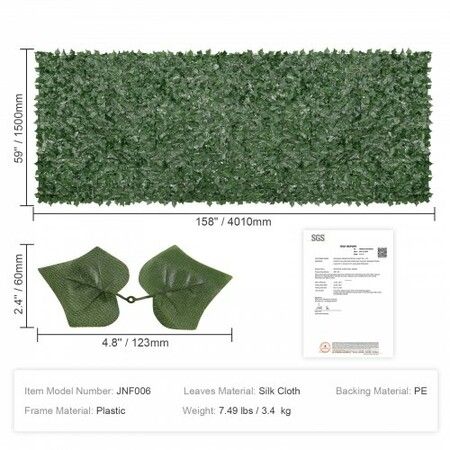 Ivy Privacy Fence, 59 x 158in Artificial Green Wall Screen, Greenery Ivy Fence w/ Mesh Cloth Backing and Strengthened Joint, Faux Hedges Vine Leaf Decoration for Outdoor Garden, Yard, Balcony