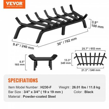 Fireplace Log Grate, 762mm Heavy Duty Fireplace Grate with 6 Support Legs, 19.05mm Solid Powder-coated Steel Bars, Log Firewood Burning Rack Holder for Indoor and Outdoor Fireplace