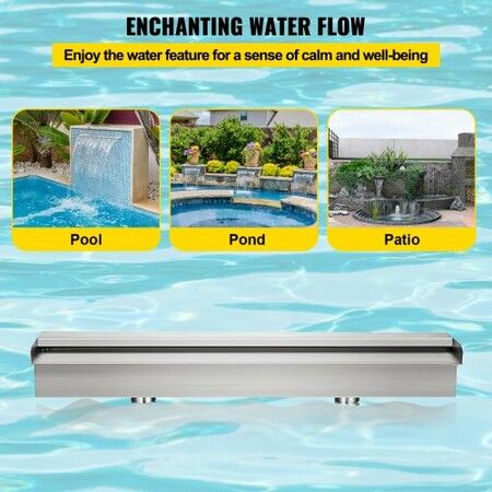 Pool Fountain Stainless Steel Pool Waterfall 23.6\" x 4.5\" x 3.1\"(W x D x H) Waterfall Spillway with Pipe Connector Rectangular Garden Outdoor, Silver