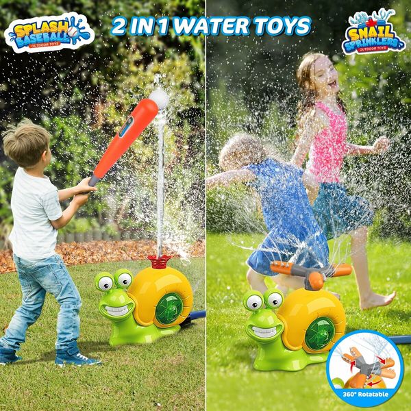 Water Sprinkler Baseball Toy,2 in 1 Snail Summer Water Game with 2 Sprinkler Heads,360 Degrees Roating Spray Water Baseball