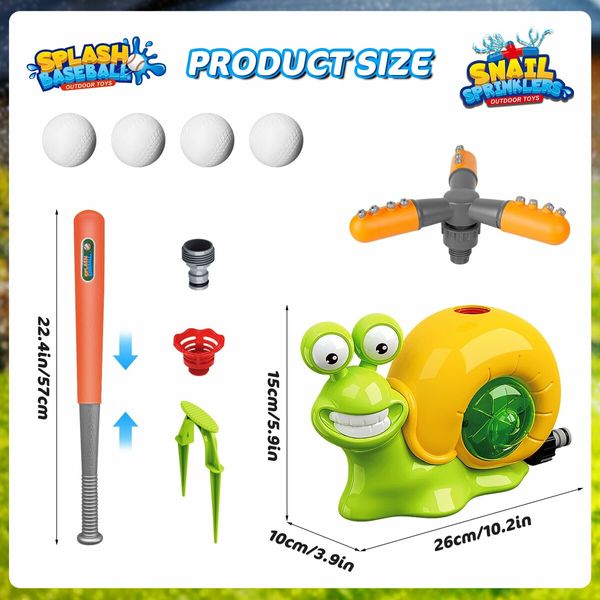 Water Sprinkler Baseball Toy,2 in 1 Snail Summer Water Game with 2 Sprinkler Heads,360 Degrees Roating Spray Water Baseball