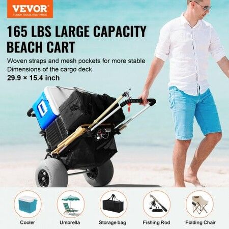 Beach Dolly with Big Wheels for Sand, 29.9" x 15.4" Cargo Deck, w/ 12" Balloon Wheels, 165LBS Loading Capacity Folding Sand Cart & 27" to 44.7" Adjustable Height, Heavy Duty Cart for Beach