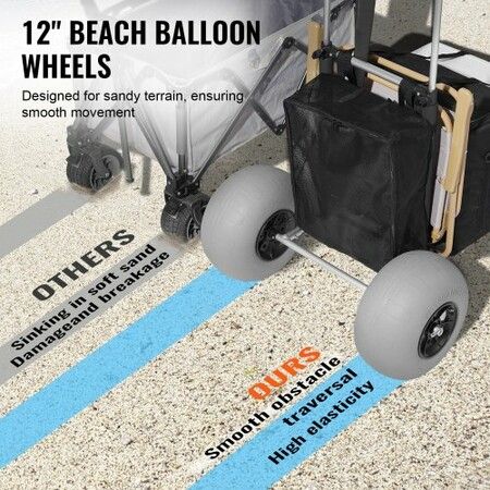 Beach Dolly with Big Wheels for Sand, 29.9" x 15.4" Cargo Deck, w/ 12" Balloon Wheels, 165LBS Loading Capacity Folding Sand Cart & 27" to 44.7" Adjustable Height, Heavy Duty Cart for Beach