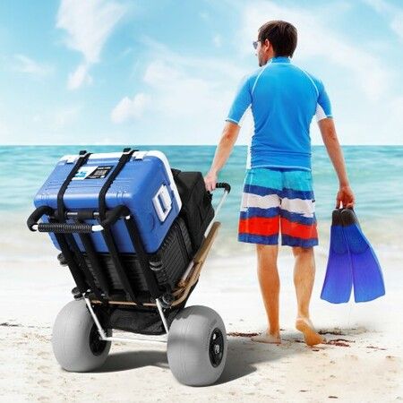 Beach Dolly with Big Wheels for Sand, 29.9" x 15.4" Cargo Deck, w/ 12" Balloon Wheels, 165LBS Loading Capacity Folding Sand Cart & 27" to 44.7" Adjustable Height, Heavy Duty Cart for Beach