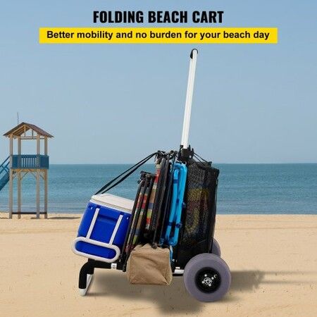 Beach Carts for Sand, with 10\" PVC Balloon Wheels, 15\" x 15\" Cargo Deck, 74.84KGS Loading Capacity Folding Sand Cart & 31.1\" to 49.6\" Adjustable Height, Aluminum Cart for Picnic, Fishing