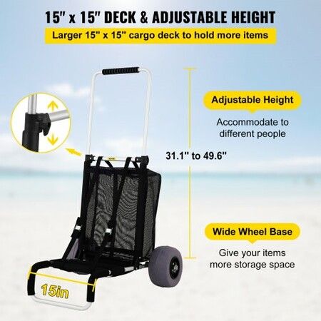 Beach Carts for Sand, with 10\" PVC Balloon Wheels, 15\" x 15\" Cargo Deck, 74.84KGS Loading Capacity Folding Sand Cart & 31.1\" to 49.6\" Adjustable Height, Aluminum Cart for Picnic, Fishing