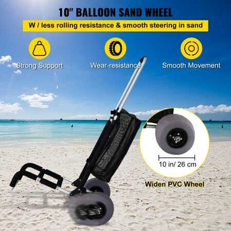 Beach Carts for Sand, with 10\" PVC Balloon Wheels, 15\" x 15\" Cargo Deck, 74.84KGS Loading Capacity Folding Sand Cart & 31.1\" to 49.6\" Adjustable Height, Aluminum Cart for Picnic, Fishing