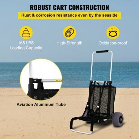 Beach Carts for Sand, with 10\" PVC Balloon Wheels, 15\" x 15\" Cargo Deck, 74.84KGS Loading Capacity Folding Sand Cart & 31.1\" to 49.6\" Adjustable Height, Aluminum Cart for Picnic, Fishing