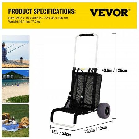 Beach Carts for Sand, with 10\" PVC Balloon Wheels, 15\" x 15\" Cargo Deck, 74.84KGS Loading Capacity Folding Sand Cart & 31.1\" to 49.6\" Adjustable Height, Aluminum Cart for Picnic, Fishing