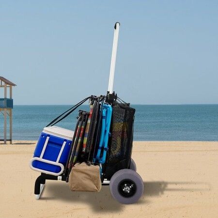 Beach Carts for Sand, with 10\" PVC Balloon Wheels, 15\" x 15\" Cargo Deck, 74.84KGS Loading Capacity Folding Sand Cart & 31.1\" to 49.6\" Adjustable Height, Aluminum Cart for Picnic, Fishing