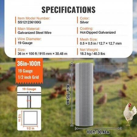 Hardware Cloth, 12.7mm 915mm×30.48m 19 Gauge, Hot Dipped Galvanized Wire Mesh Roll, Chicken Wire Fencing, Wire Mesh for Rabbit Cages, Garden, Small Rodents