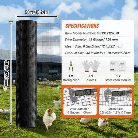 Hardware Cloth, 48'' x 50' Galvanized Wire Mesh Roll, 19 Gauge Chicken Wire Fence Roll, Vinyl Coating Metal Wire Mesh for Chicken Coop Barrier, Rabbit Snake Fences, Poultry Enclosures