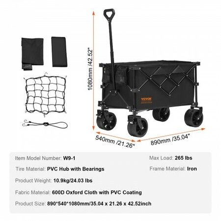 Collapsible Folding Wagon, 150 L Beach Wagon Cart with All-Terrain Wheels, Heavy Duty Folding Wagon Cart Max 265 lbs with Drink Holders, Sports Wagon for Camping, Shopping, Garden