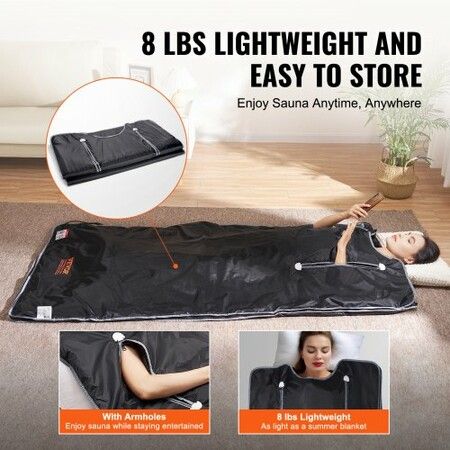 Sauna Blanket for Detoxification, Portable Far Infrared Sauna for Home, Oxford Sauna Bag w/ Arm Holes & Carbon Fiber Heating, 1-6 Level Adjustable Temp35-80°C, 5-60 Minutes Timer, 1900x900mm