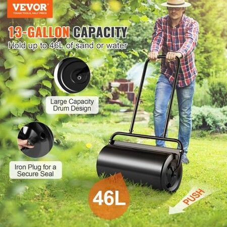 Lawn Roller, 13 Gallon 24Inch Sand/Water Filled Yard Roller, Steel Sod Roller with Easy-turn Plug and U-Shaped Ergonomic Handle for Convenient Push and Pull, for Lawn, Garden, Farm, Park, Black