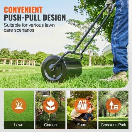 Lawn Roller, 13 Gallon 24Inch Sand/Water Filled Yard Roller, Steel Sod Roller with Easy-turn Plug and U-Shaped Ergonomic Handle for Convenient Push and Pull, for Lawn, Garden, Farm, Park, Black