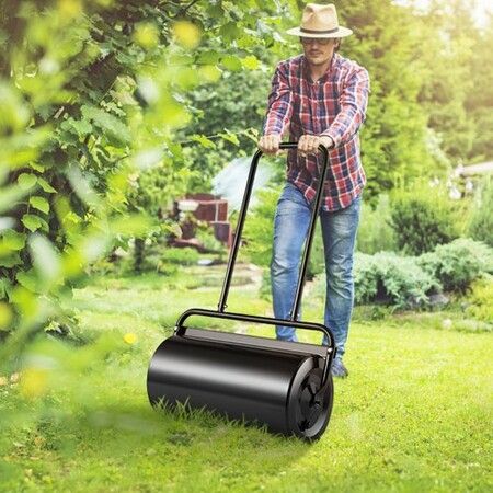 Lawn Roller, 13 Gallon 24Inch Sand/Water Filled Yard Roller, Steel Sod Roller with Easy-turn Plug and U-Shaped Ergonomic Handle for Convenient Push and Pull, for Lawn, Garden, Farm, Park, Black