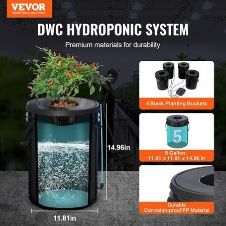 DWC Hydroponics Grow System Deep Water Culture 4 Buckets with Air Pump