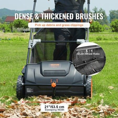 Push Lawn Sweeper, 53.3 cm Leaf & Grass Collector, Strong Rubber Wheels & Heavy Duty Thickened Steel Durable to Use with Large Capacity 99L Mesh Collection Hopper Bag, 2 Spinning Brushes