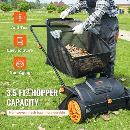 Push Lawn Sweeper, 53.3 cm Leaf & Grass Collector, Strong Rubber Wheels & Heavy Duty Thickened Steel Durable to Use with Large Capacity 99L Mesh Collection Hopper Bag, 2 Spinning Brushes