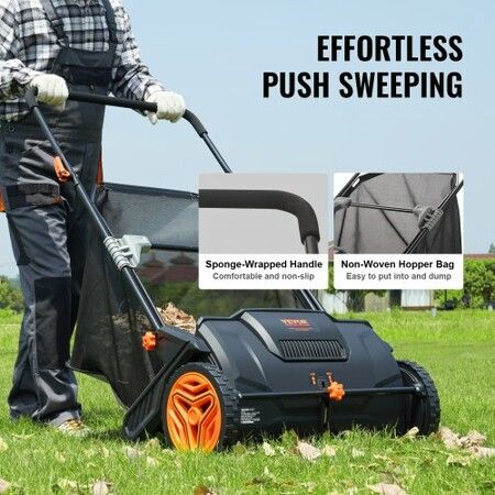 Push Lawn Sweeper, 53.3 cm Leaf & Grass Collector, Strong Rubber Wheels & Heavy Duty Thickened Steel Durable to Use with Large Capacity 99L Mesh Collection Hopper Bag, 2 Spinning Brushes