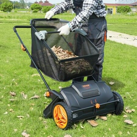 Push Lawn Sweeper, 53.3 cm Leaf & Grass Collector, Strong Rubber Wheels & Heavy Duty Thickened Steel Durable to Use with Large Capacity 99L Mesh Collection Hopper Bag, 2 Spinning Brushes