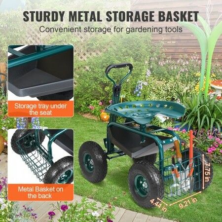 Garden Cart Rolling Workseat with Wheels, Gardening Stool for Planting, 360 Degree Swivel Seat, Wagon Scooter with Steering Handle & Utility Tool Tray, Use for Patio, Yard, and Outdoors, Green