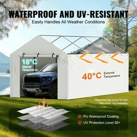 Carport Replacement Canopy Cover Side Wall 10 x 20 ft, Garage Tent Shelter Tarp Heavy-Duty Waterproof & UV Protected, Easy Installation with Ball Bungees,White (Top and Frame Not Included)