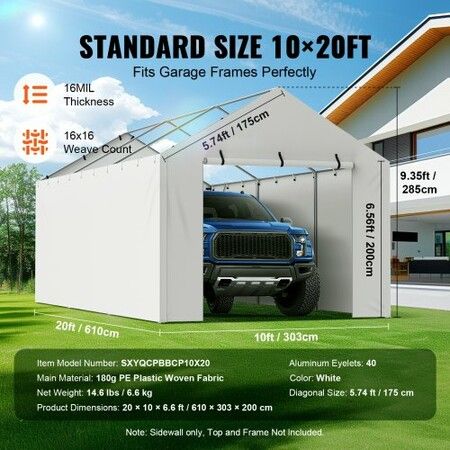 Carport Replacement Canopy Cover Side Wall 10 x 20 ft, Garage Tent Shelter Tarp Heavy-Duty Waterproof & UV Protected, Easy Installation with Ball Bungees,White (Top and Frame Not Included)