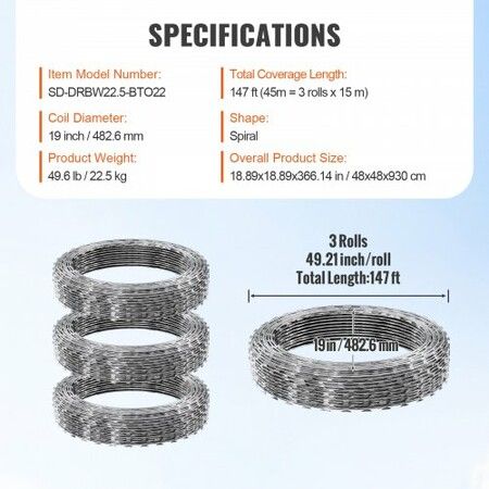 Razor Wire Razor Barbed Wire 147ft 3Rolls Razor Wire Fencing Double Spiral