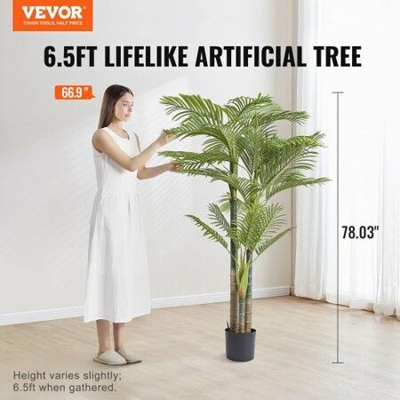 Artificial Gold Cane Palm Tree, 2m Tall Faux Plant, PE Material & Anti-Tip Tilt Protection Low-Maintenance Plant, Lifelike Green Fake Tree for Home Office Warehouse Decor Indoor Outdoor