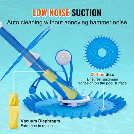 Automatic Suction Pool Cleaner, Low Noise Pool Vacuum Cleaner with Extra Diaphragm, 10 x 800 mm Hoses & Steering Wheel, Side Climbing Pool Cleaners for Above-Ground & In-ground Swimming Pool