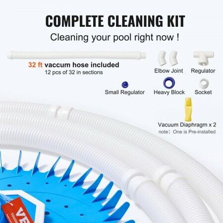 Automatic Suction Pool Cleaner, Low Noise Pool Vacuum Cleaner with Extra Diaphragm, 10 x 800 mm Hoses & Steering Wheel, Side Climbing Pool Cleaners for Above-Ground & In-ground Swimming Pool