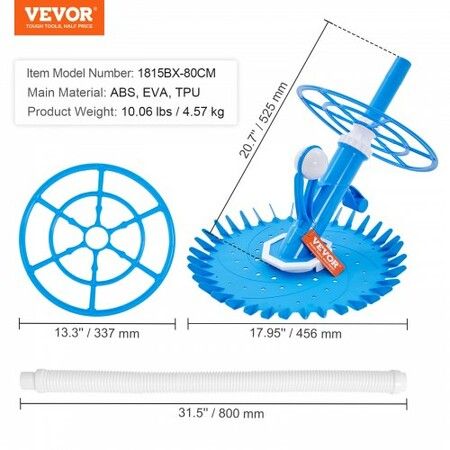 Automatic Suction Pool Cleaner, Low Noise Pool Vacuum Cleaner with Extra Diaphragm, 10 x 800 mm Hoses & Steering Wheel, Side Climbing Pool Cleaners for Above-Ground & In-ground Swimming Pool