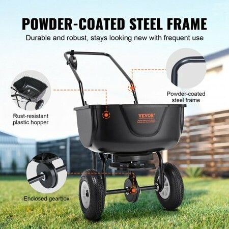 Broadcast Spreader, 60 LB Walk-Behind Turf Spreader with 8" Wheels, Steel Push Fertilizer Spreader, Garden Seeder, and Salt Spreader, Designed for Residential, Farm, and Tough Terrain, Black