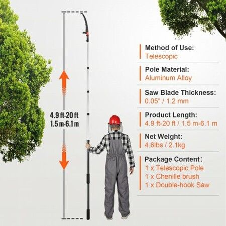 Manual Pole Saw Extendable Tree Pruner 1.5 m-6.1 m Aluminum Alloy Pole