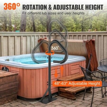 Hot Tub Handrail, 360 Rotatable Spa Side Handrail with 48"-63" Adjustable Height, Rust-proof Aluminum Spa Step Hot Tub Hand Rail with Slide-Under Mount Base for Indoor & Outdoor, 600LBS Capacity