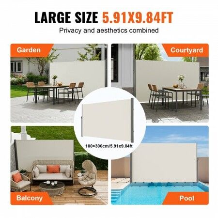 Retractable Side Awning,180X300cm  Aluminum Outdoor Privacy Screen, 280g Polyester Water-proof Retractable Patio Screen, UV 30+ Room Divider Wind Screen for Patio, Backyard, Balcony, Beige