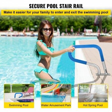 Pool Rail 32x23 Pool Railing 304 Stainless Steel 250LBS Load Capacity Silver Rustproof Pool Handrail Humanized Swimming Pool Handrail with Blue Grip Cover & M8 Drill Bit & Self-Taping Screws