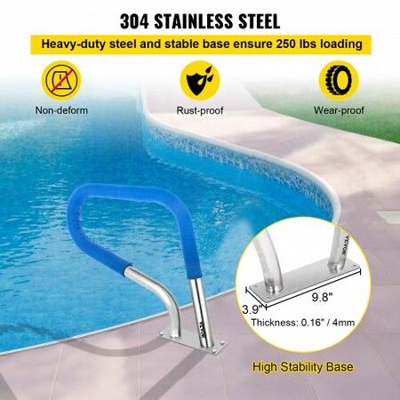 Pool Rail 32x23 Pool Railing 304 Stainless Steel 250LBS Load Capacity Silver Rustproof Pool Handrail Humanized Swimming Pool Handrail with Blue Grip Cover & M8 Drill Bit & Self-Taping Screws