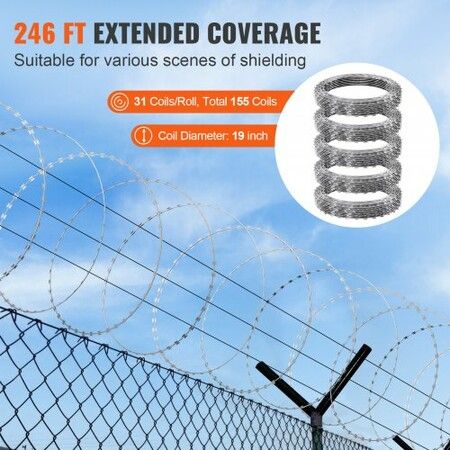 Razor Wires, 246 ft Razor Barbed Wire, 5 Rolls Razor Wire Fencing Razor Fence, Razor Ribbon Barbed Wire Galvanized Razor Wire Fence, Rolls Razor for Garden