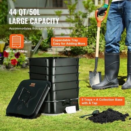 5-Tray Worm Composter, 44 QT/50 L Worm Compost Bin Outdoor and Indoor, Sustainable Design Worm Farm Kit, for Recycling Food Waste, Worm Castings, Worm Tea, Vermiculture and Vermicomposting