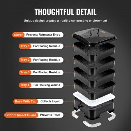 5-Tray Worm Composter, 44 QT/50 L Worm Compost Bin Outdoor and Indoor, Sustainable Design Worm Farm Kit, for Recycling Food Waste, Worm Castings, Worm Tea, Vermiculture and Vermicomposting